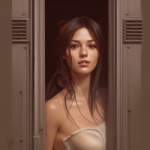 Portrait of Woman in Doorway, Hyperdetailed Digital Art