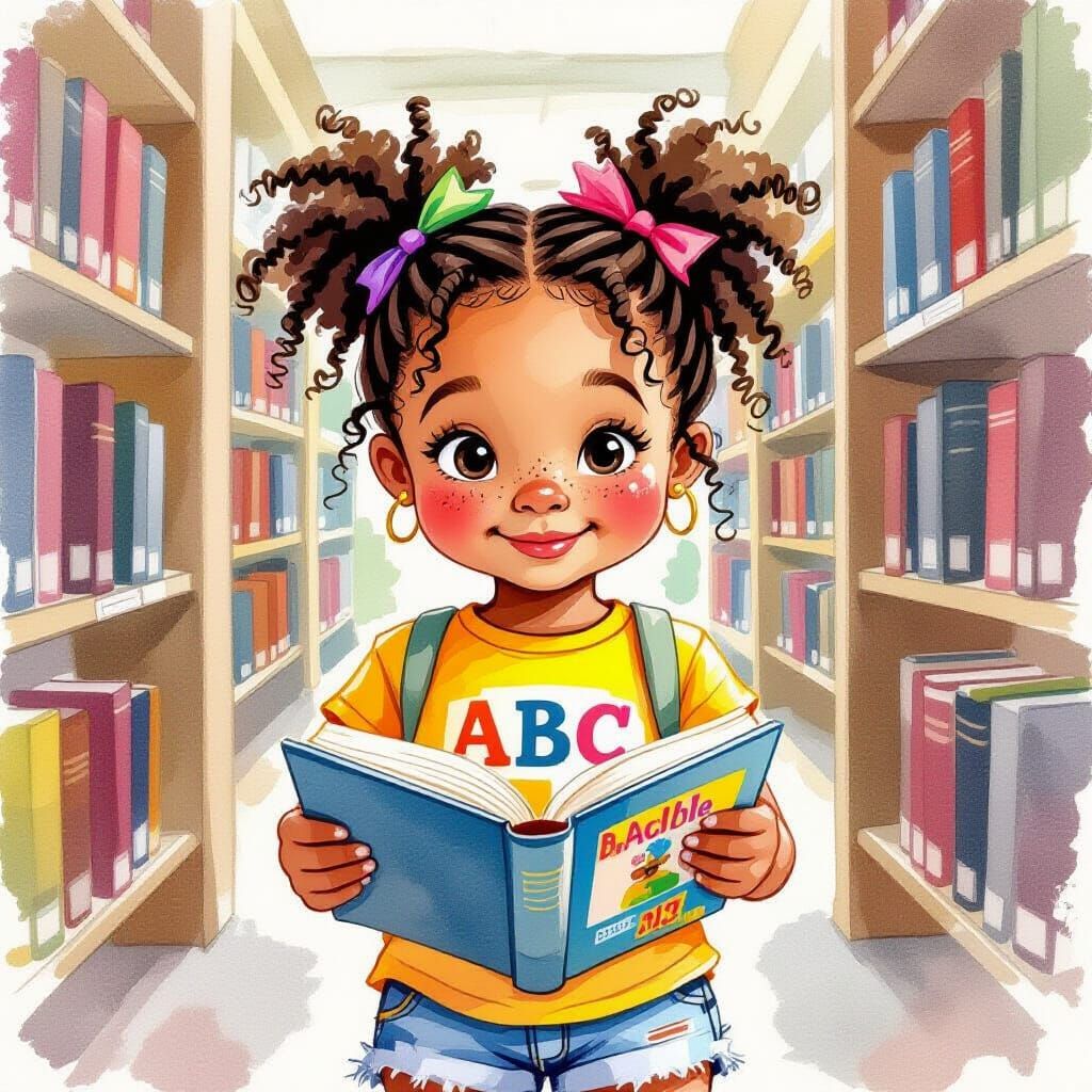 Girl in Library: Wet-on-Wet Watercolor in Playful Style