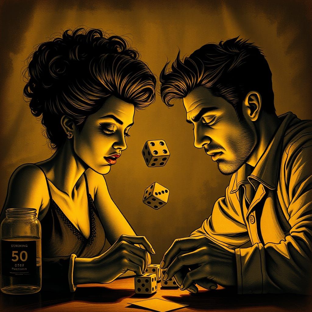 Intimate Game Night in Charcoal Etching Style