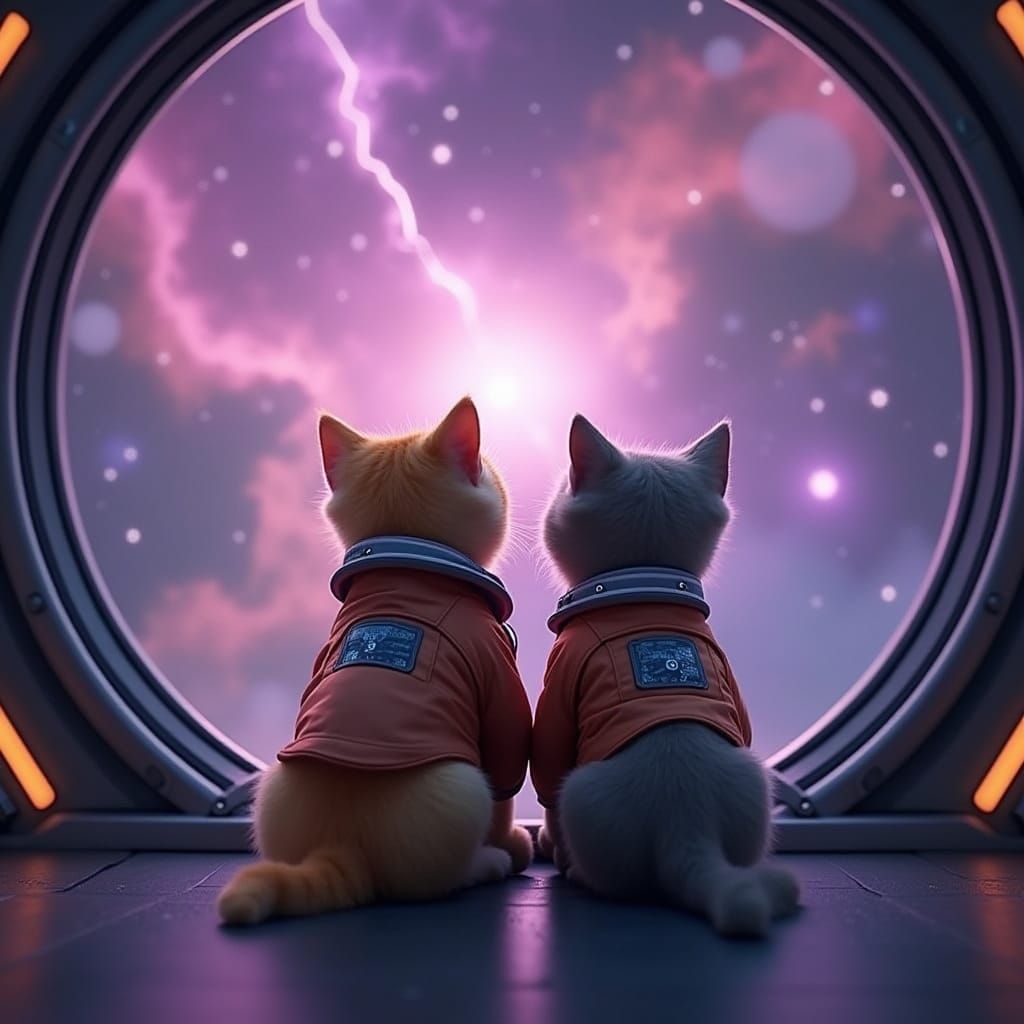Futuristic Feline Friends Gaze Out at a Vibrant Nebula