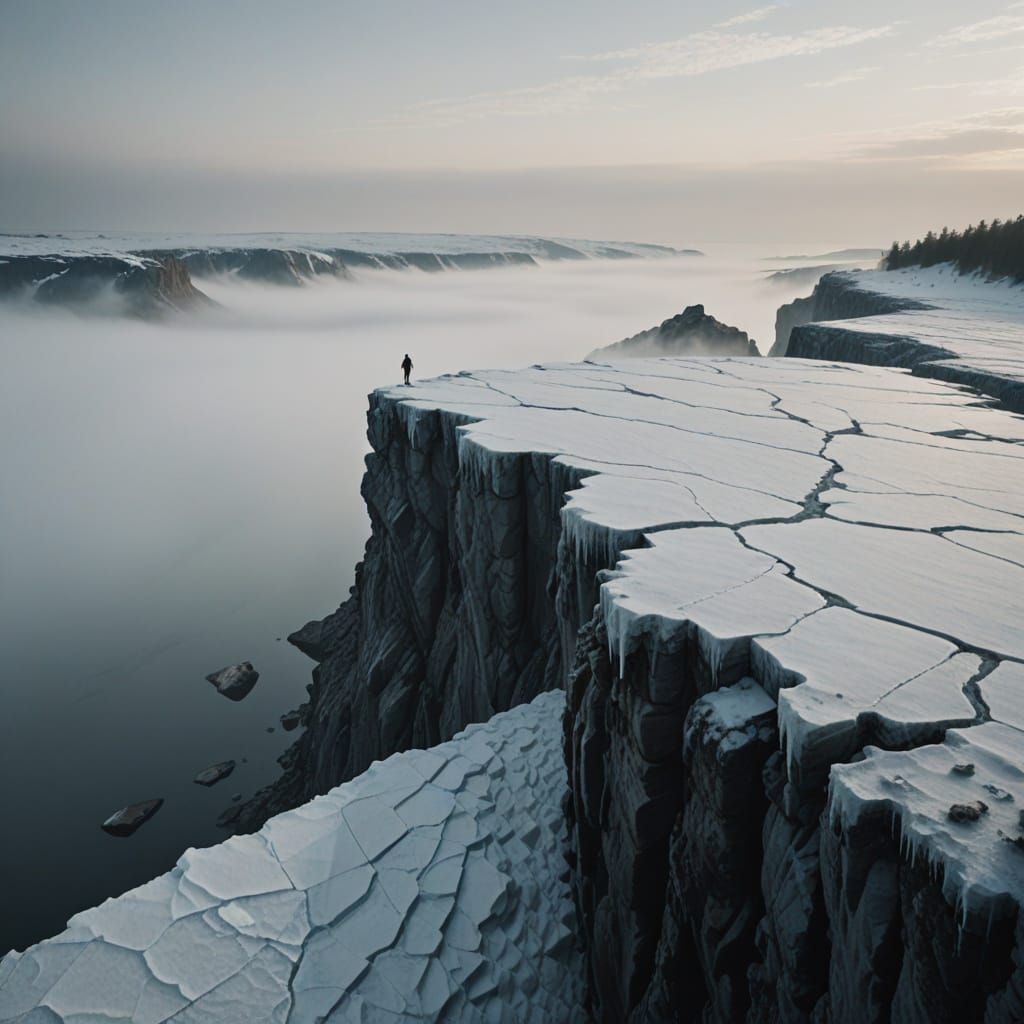 Ethereal Figure on Icy Precipice: Impressionistic Realism