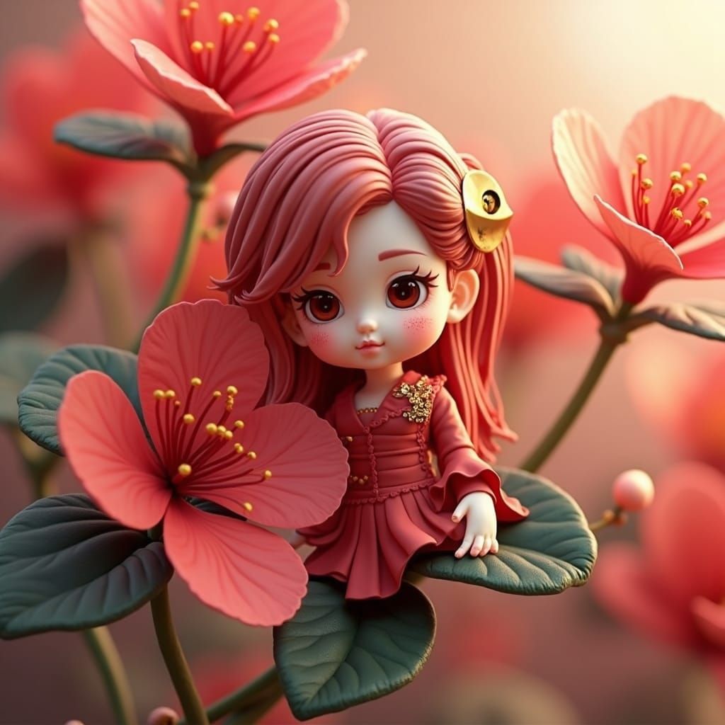 Elegant Woman with Begonia Headdress: 3D Anime Art