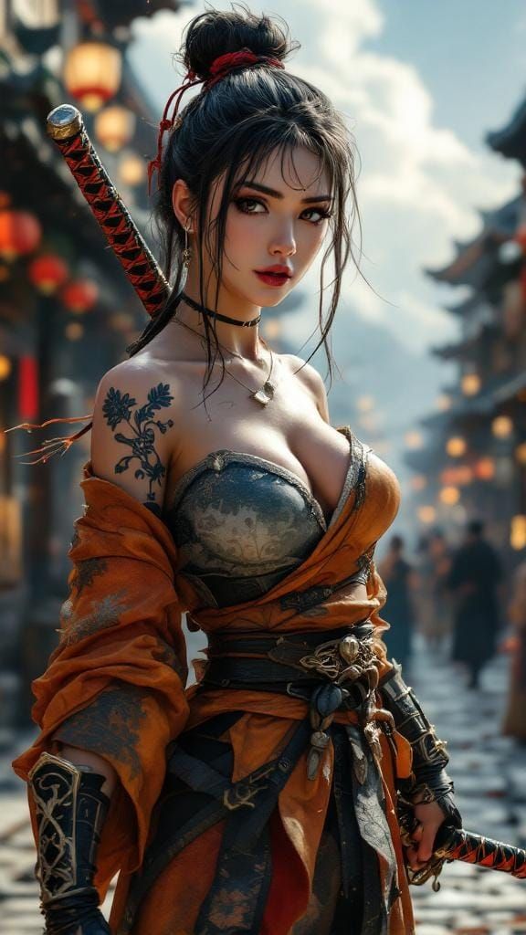 Manga Heroine with Swords on Medieval Street