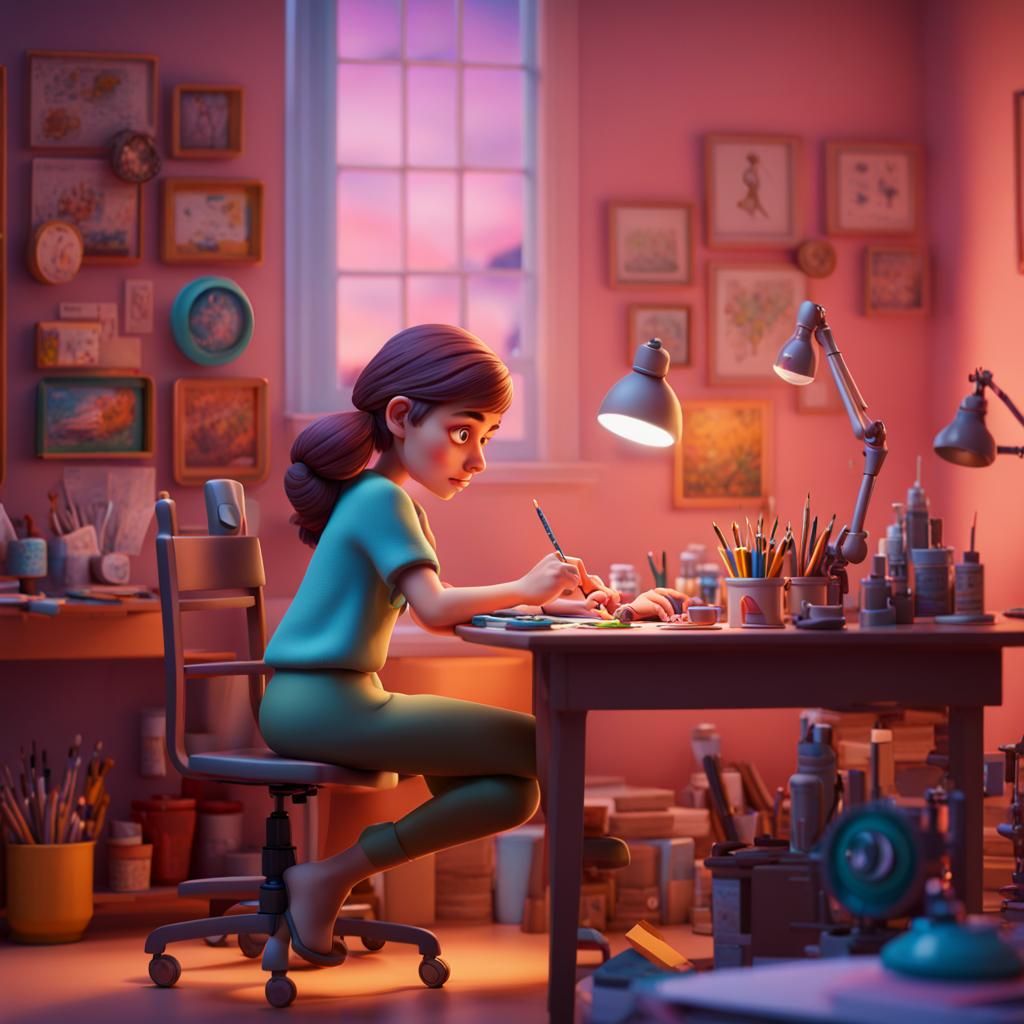 Girl Painting Miniatures: 3D Digital Art