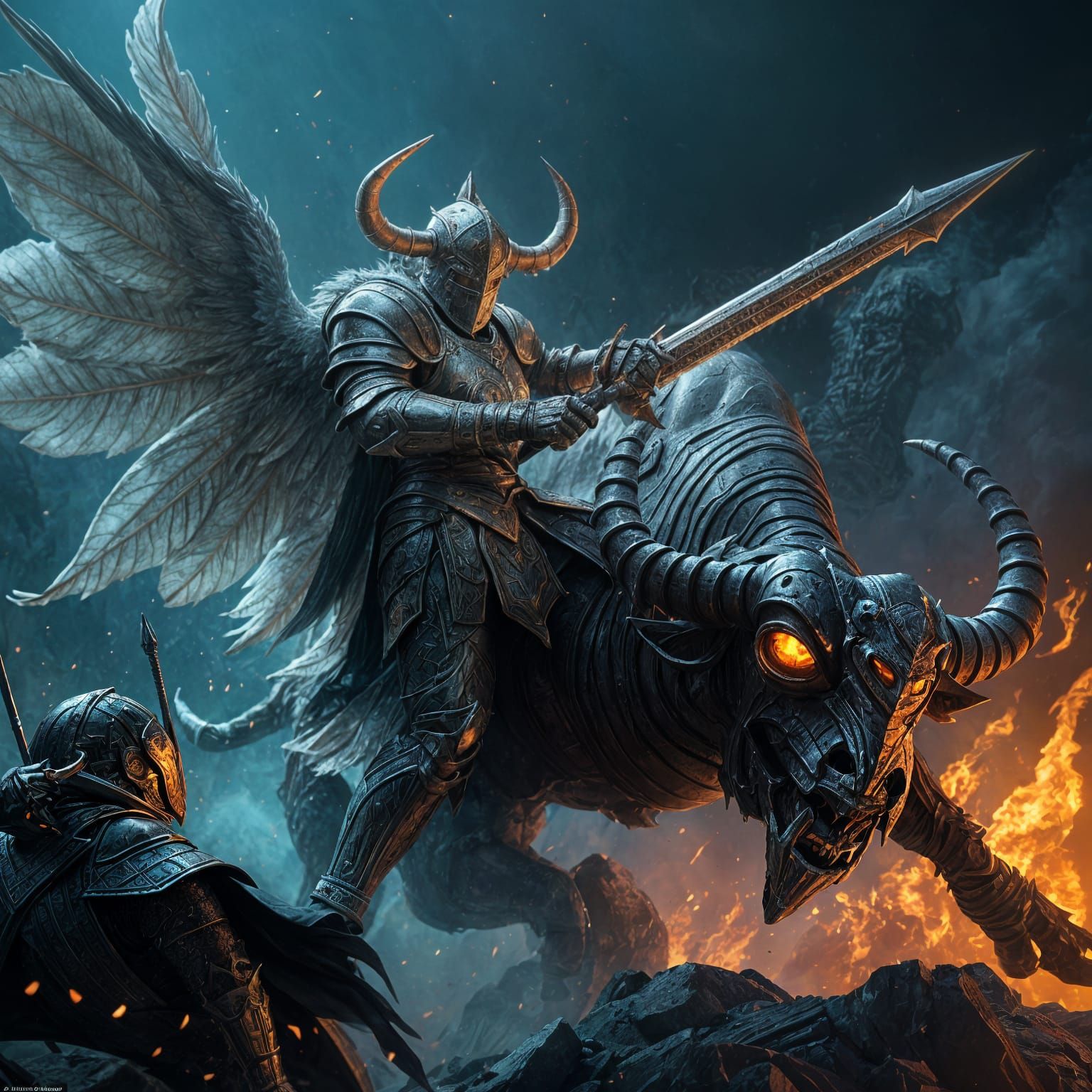 Epic Dark Fantasy Knight Battles Minotaur in Radiant Armor