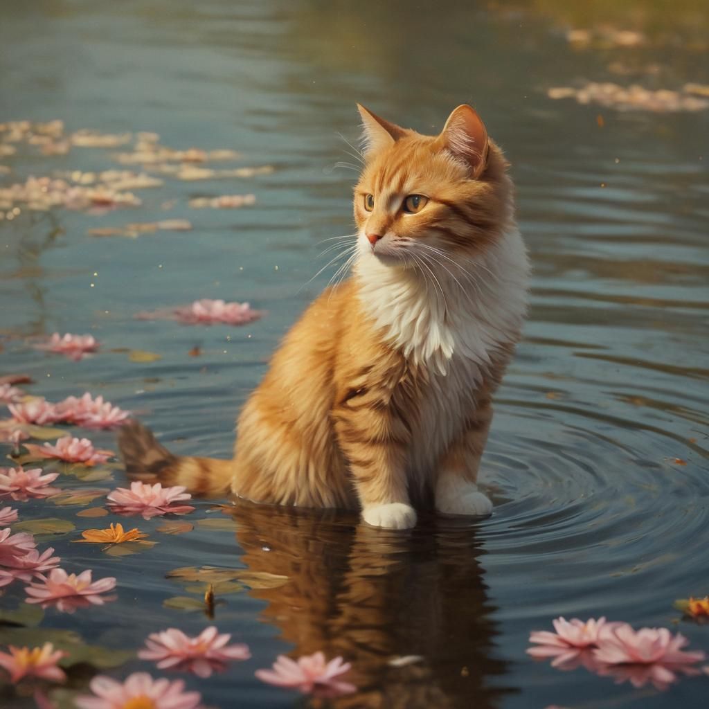 Melancholic Cat by the Lake in Impressionist Style