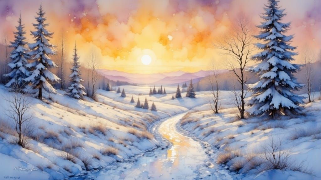 Snowy Landscape at Dawn in Oil Painting Style