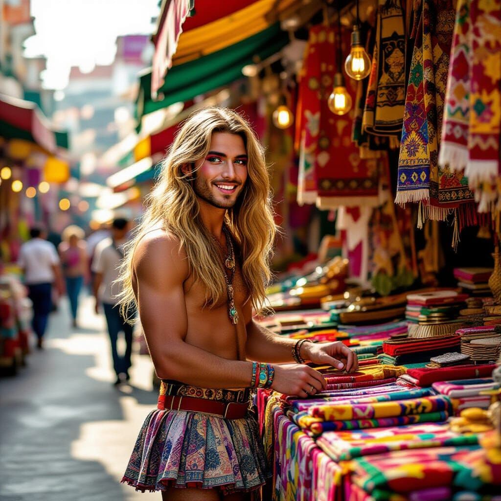 1970s Market Scene: Joyful Discovery in Miniskirt
