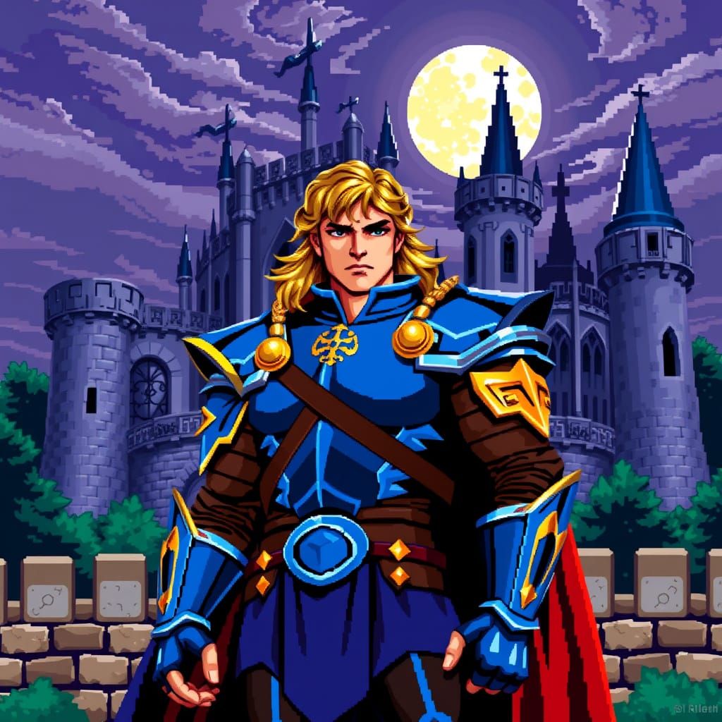 Simon Belmont in Classic 16-Bit Armor Outside Castle Dracula