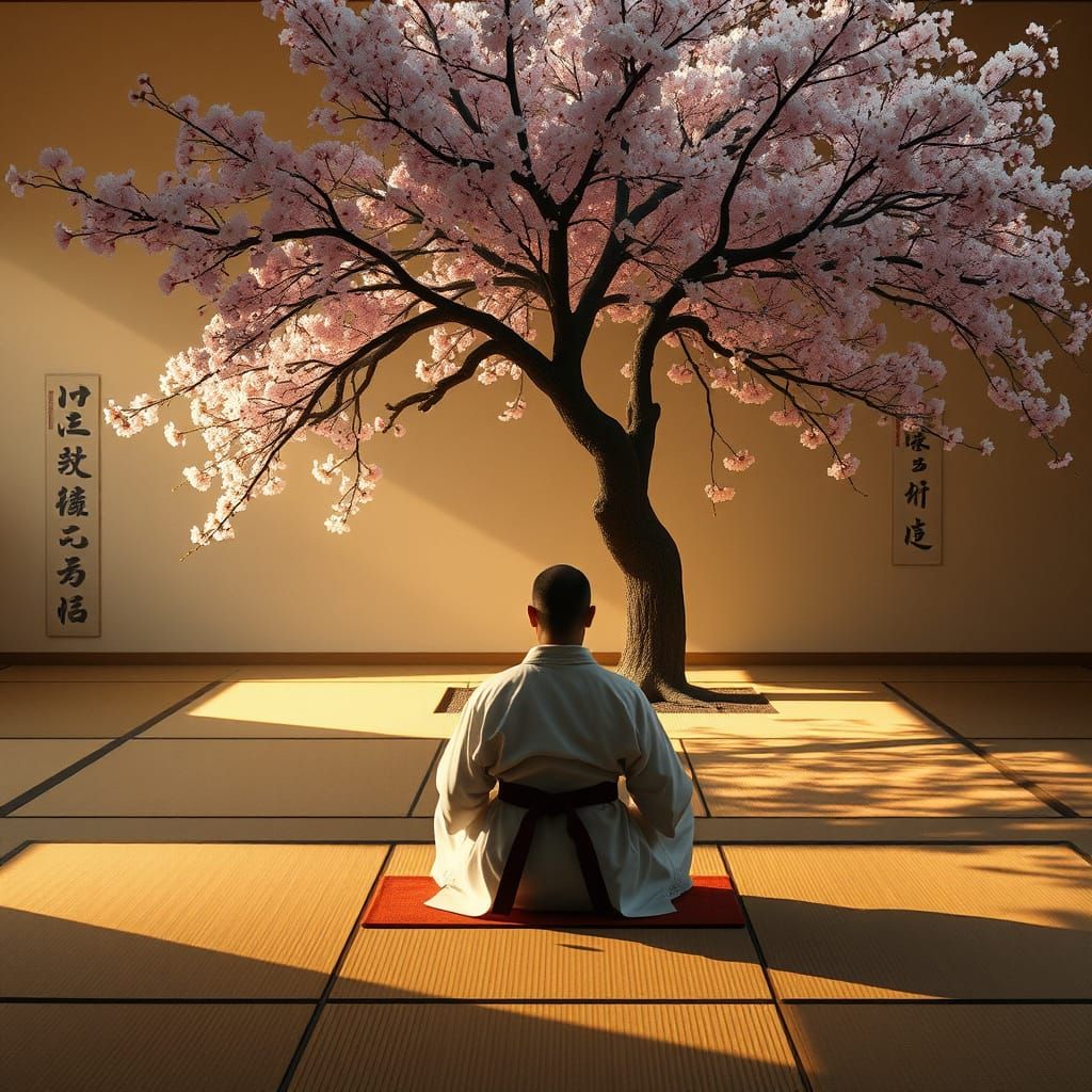Karate Master Meditates in Dawn Light
