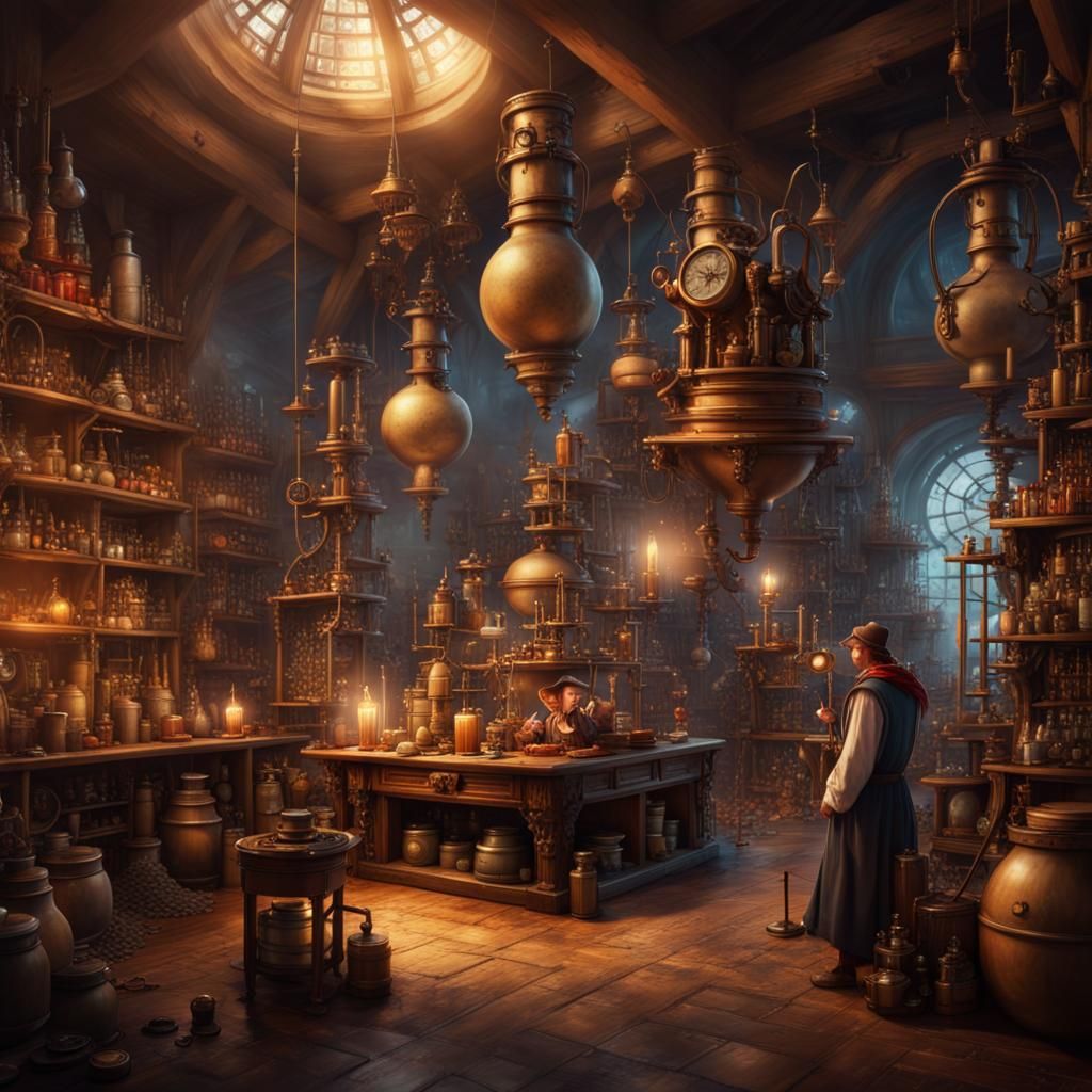 Fantastical Steampunk Wizard's Laboratory Interior