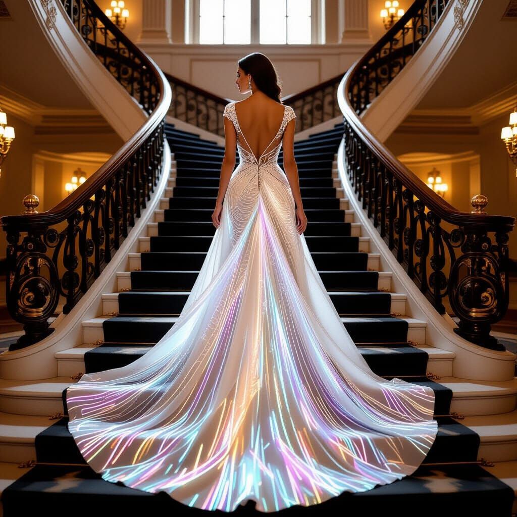 Fiber Optic Gown on Grand Staircase in Opulent Setting