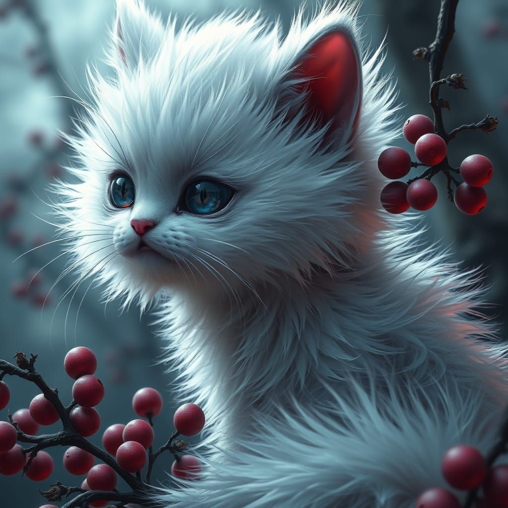 Dark Fantasy Mythical Cat with Iridescent Fur and Wild Berry...