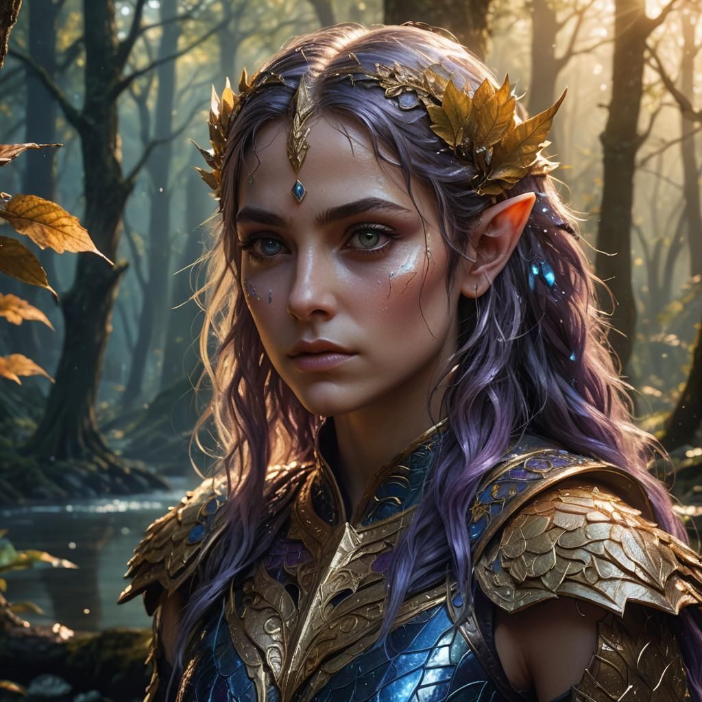 Fantasy Elf with Iridescent Armor, Digital Art