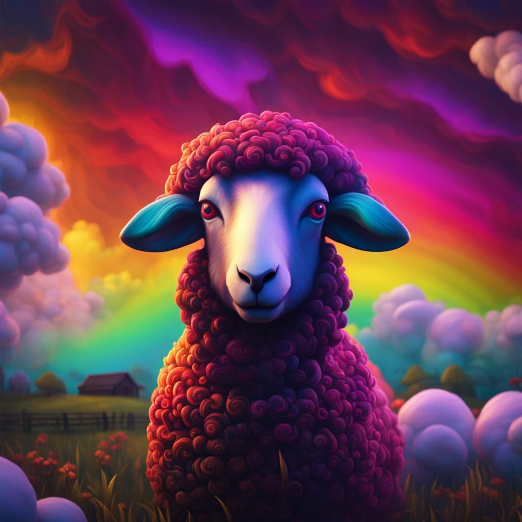 Colorful Sheep Farm Under Rainbow with Gothic Art Style