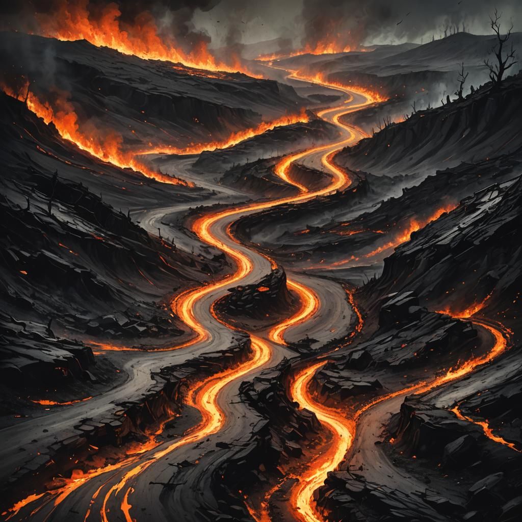 Fiery Road Through Desolate Landscape in Dark Fantasy