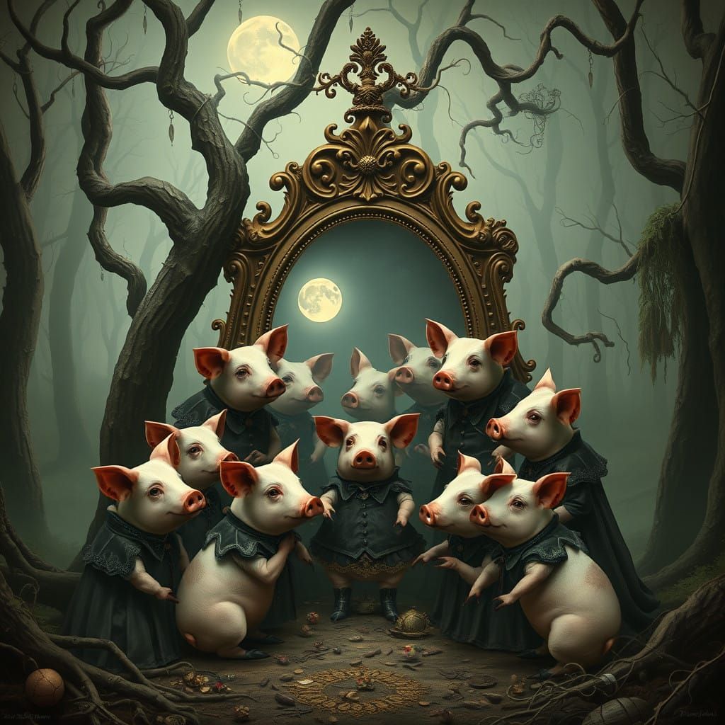 Surreal Pigs Gather in a Moonlit, Gothic Whimsy Forest