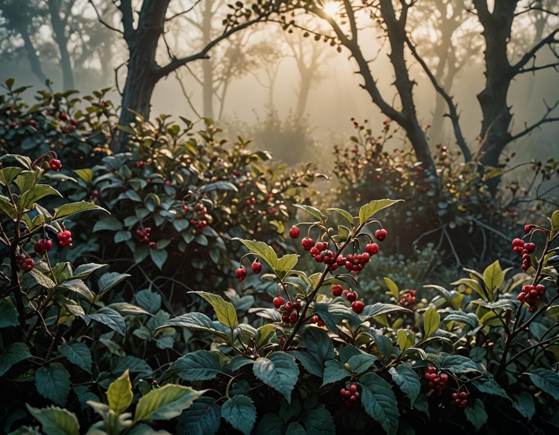 Misty Morning Berries in Arthur Rackham Style