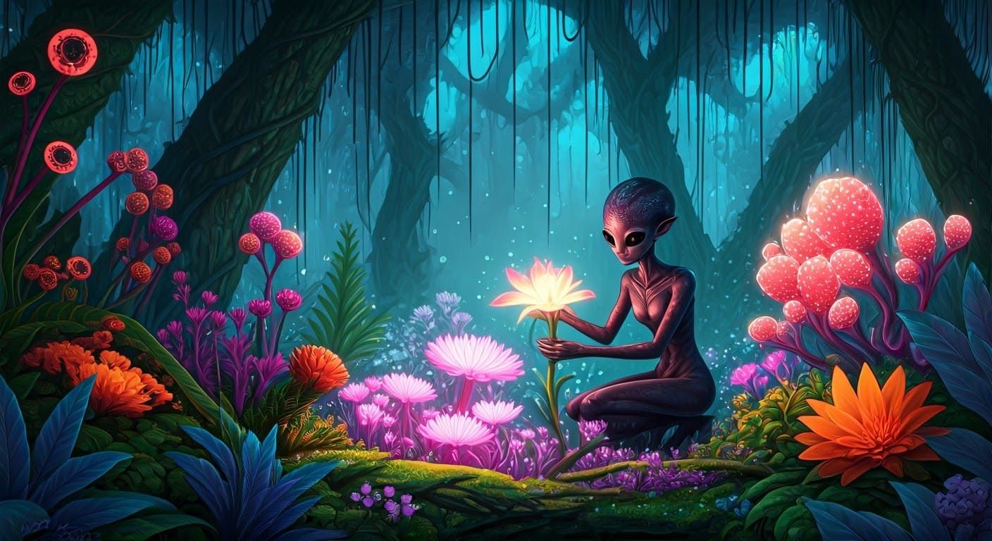 Ethereal Alien Garden in Vibrant Bioluminescent Bloom