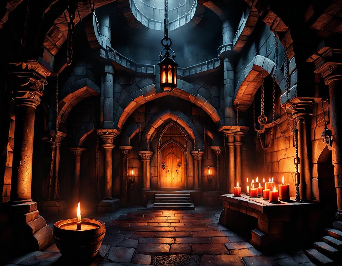 Dark Moody Watercolor Dungeon Chamber with Chains