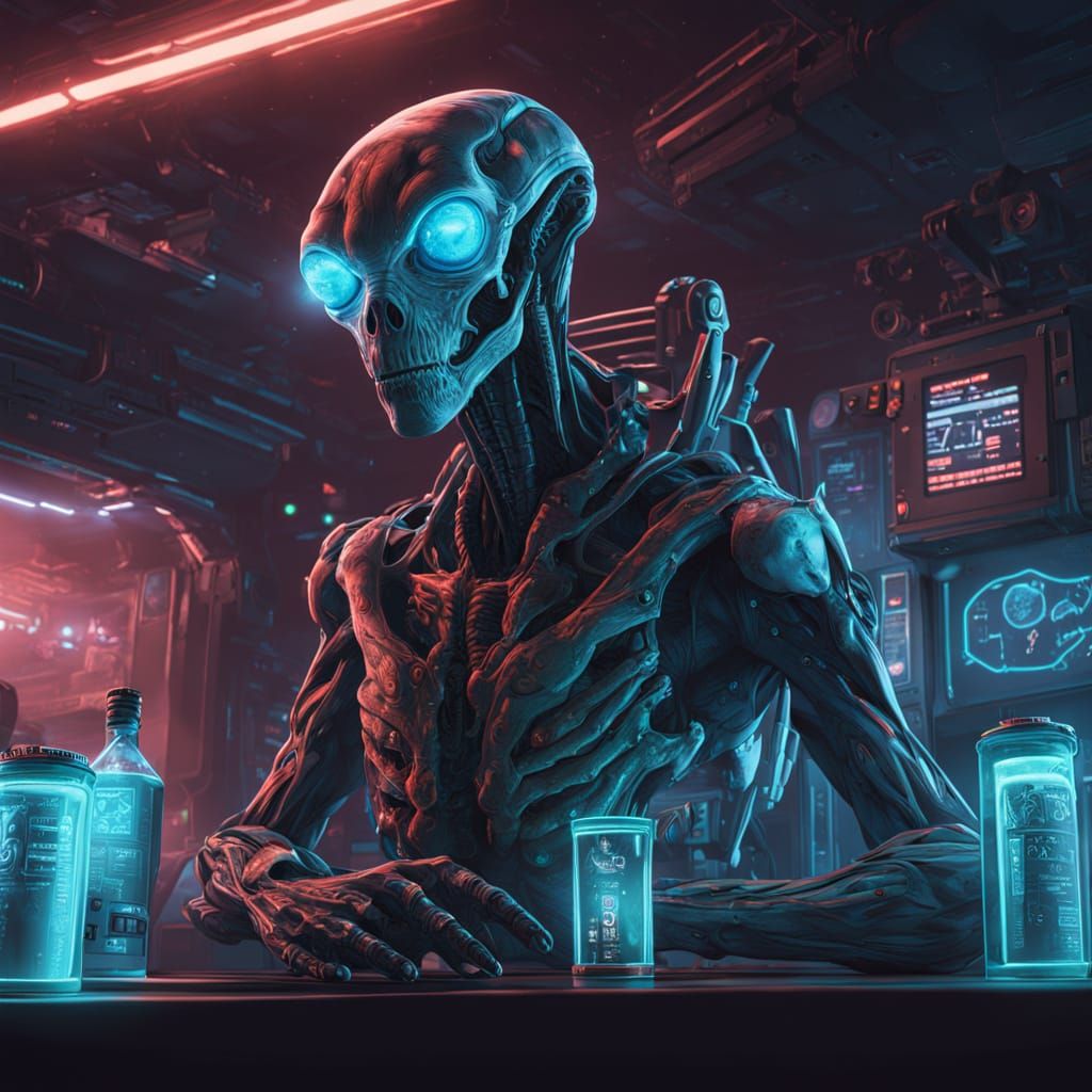 Grizzled Space Captain in Neon-Lit Cantina