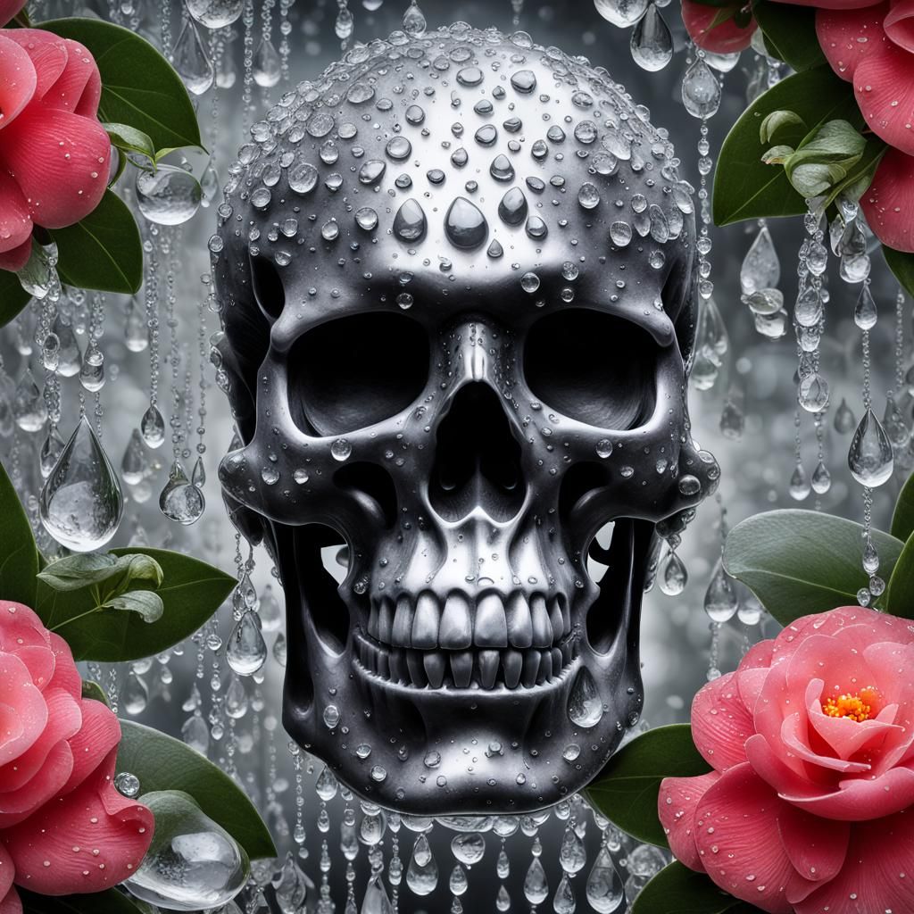 Crystal Skull with Camellias and Dew Drops