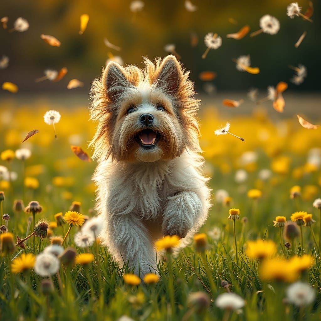 Cute Tibetan Terrier Chasing Dandelions in Meadow