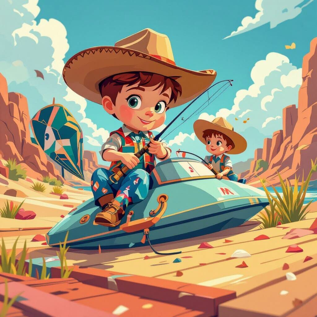 Boys Fishing in Art Deco Cubist Style