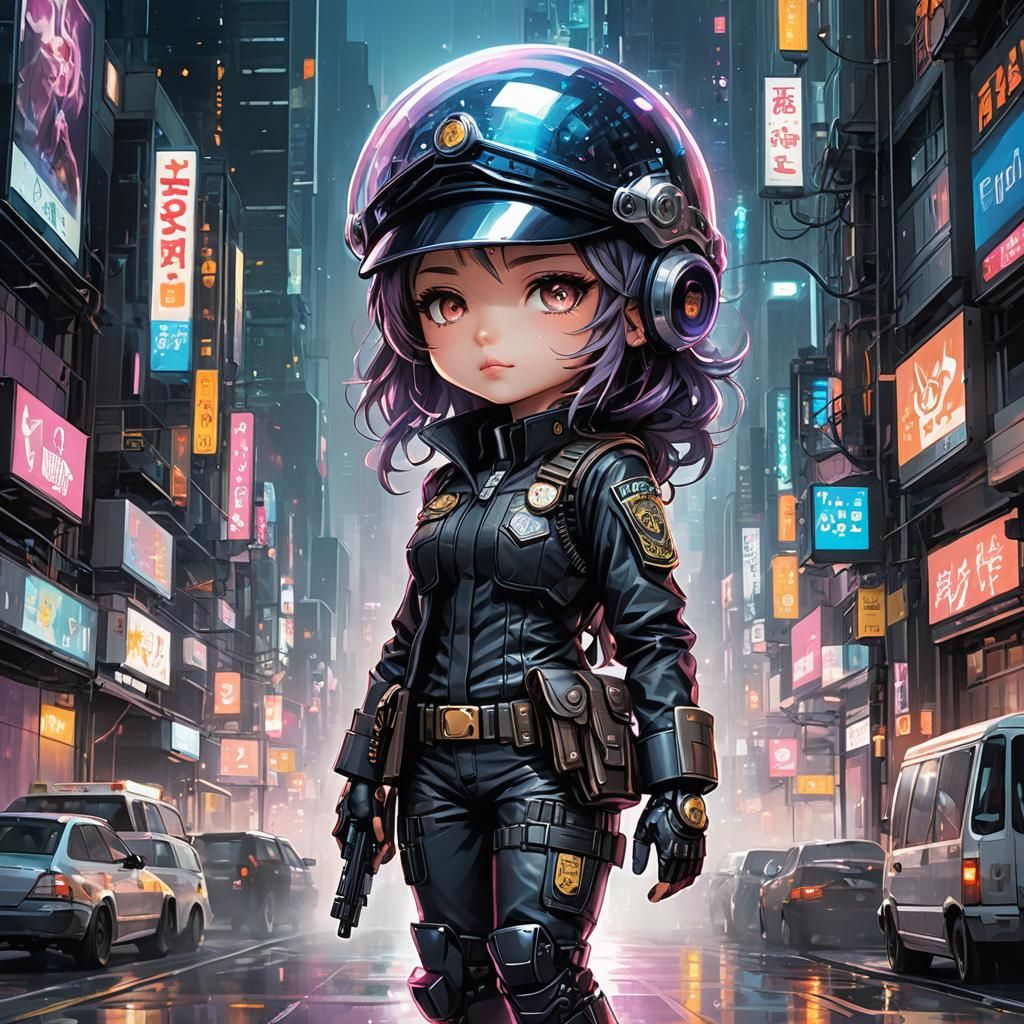 beautiful chibi cyberpunk police woman