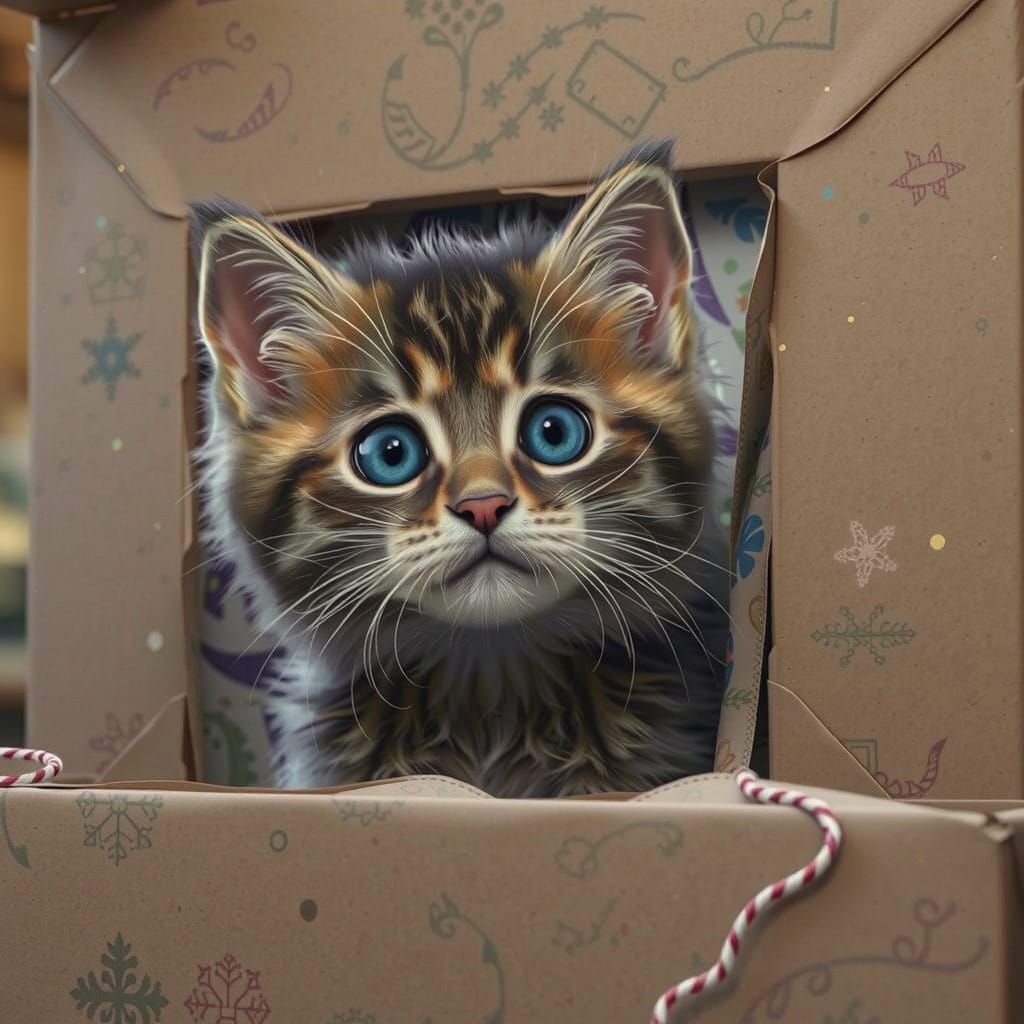 Whimsical Tabby Kitten in a Festive Box