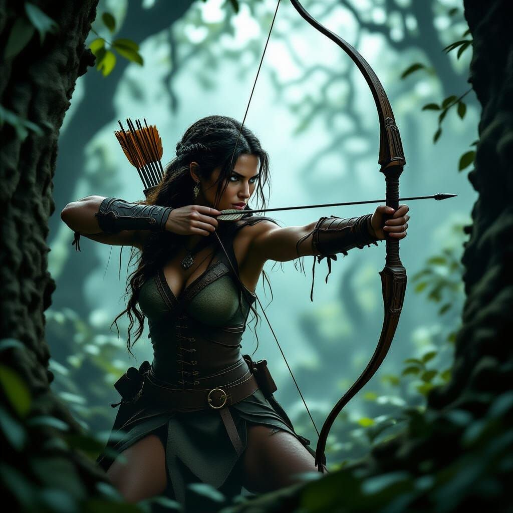 Huntress in Misty Forest, Dramatic Chiaroscuro Lighting