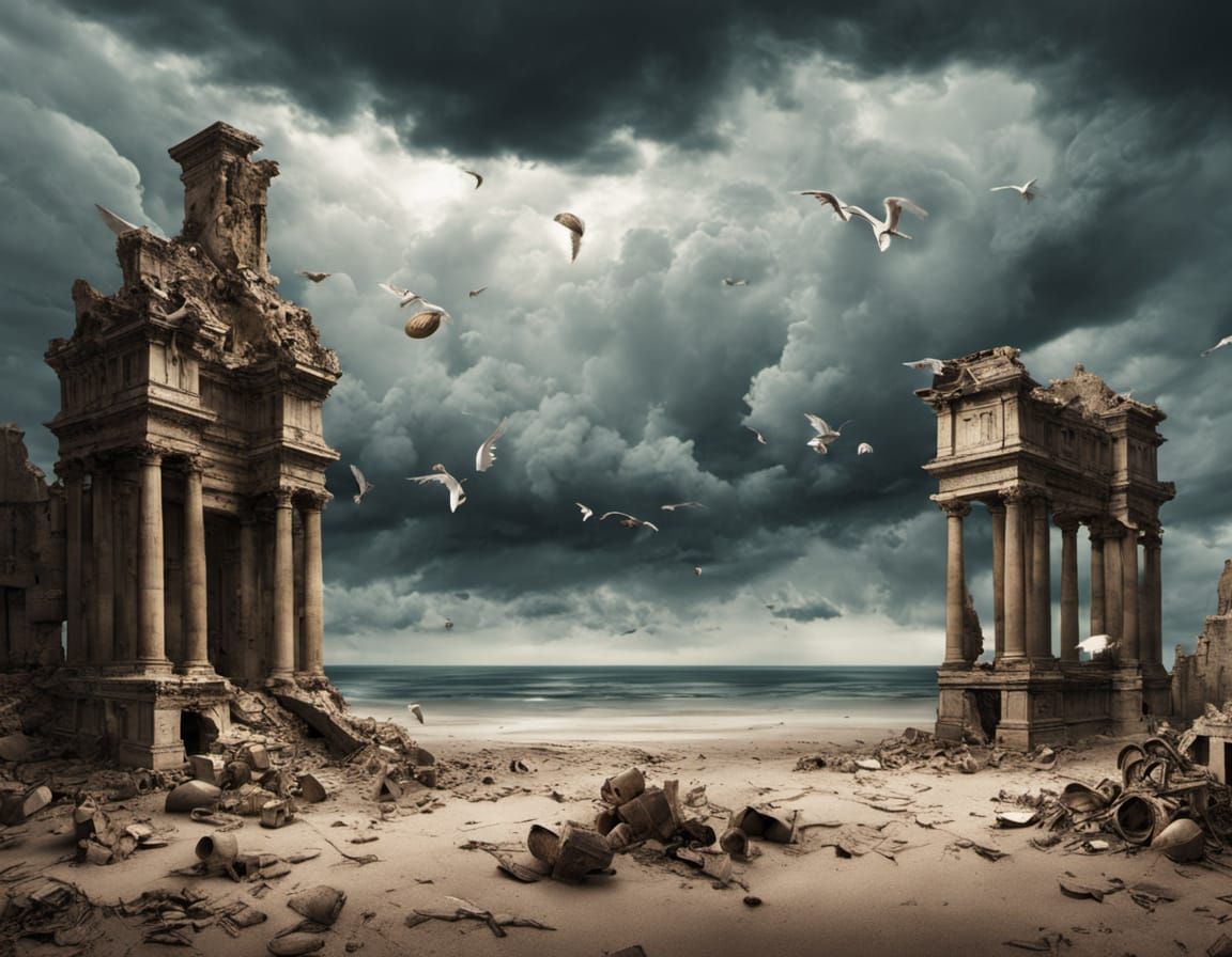 Teenage Boys Play Baseball Amidst Surreal Beach Ruins