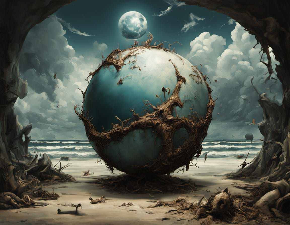 Surreal Beach Baseball Scene with Floating Sphere