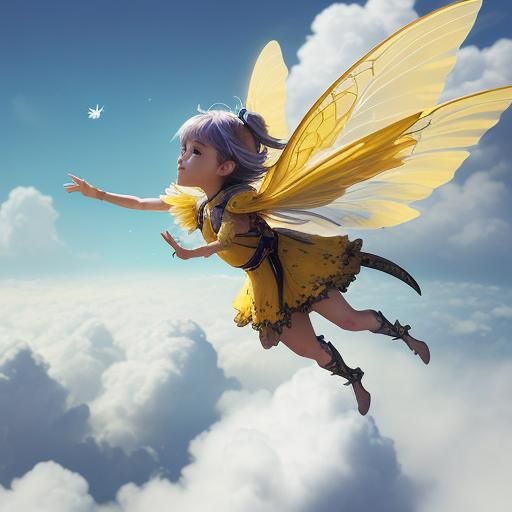 Little Girl's Whimsical Flight in Hyperrealistic Style