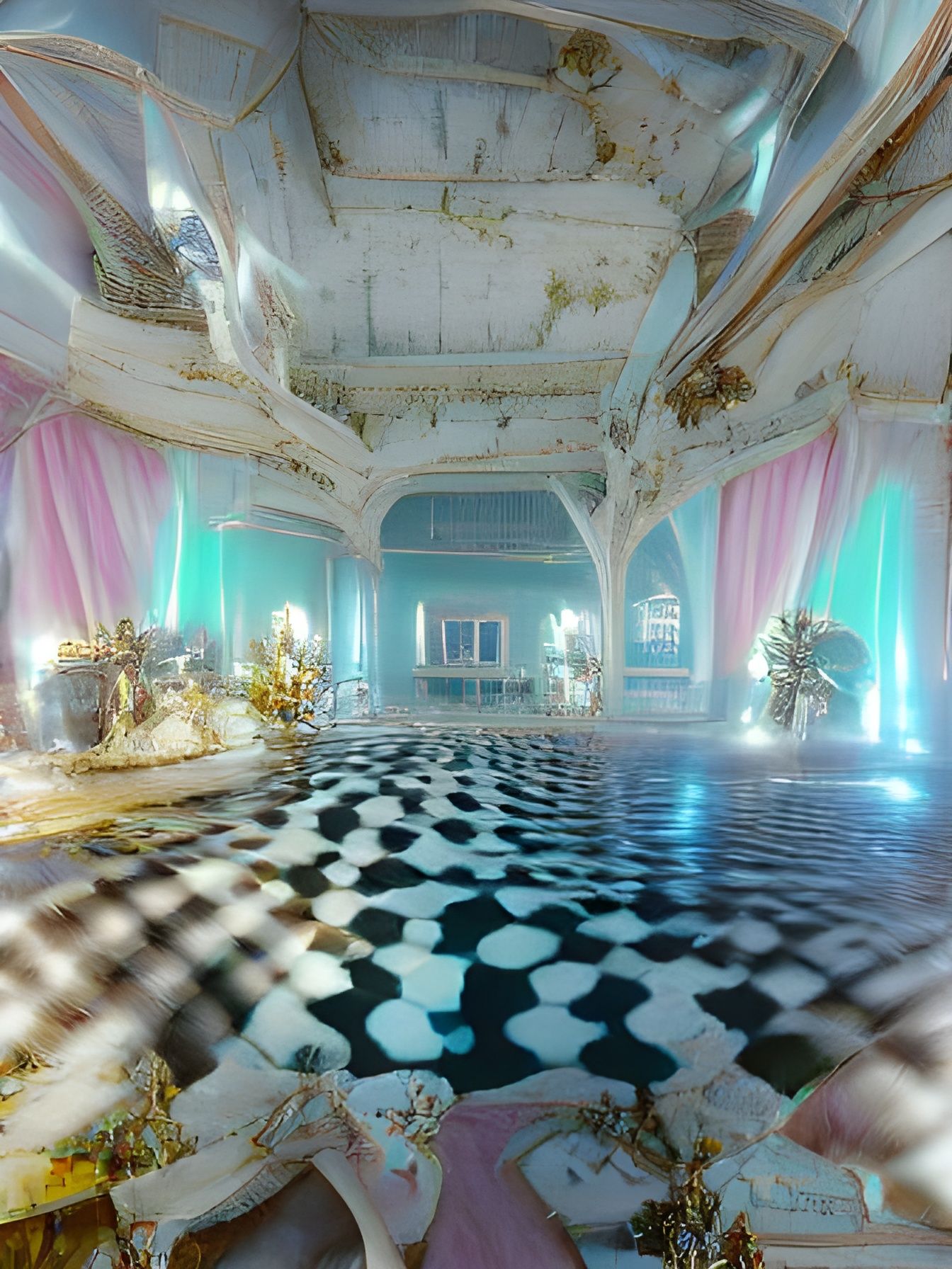 Ethereal Rococo Hall with Checkered Floor in 3D