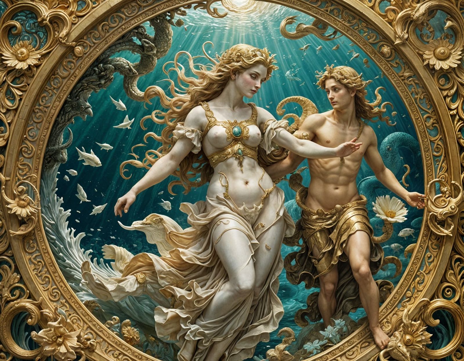 Mythical Escape of Aphrodite and Eros as Fish from Typhon