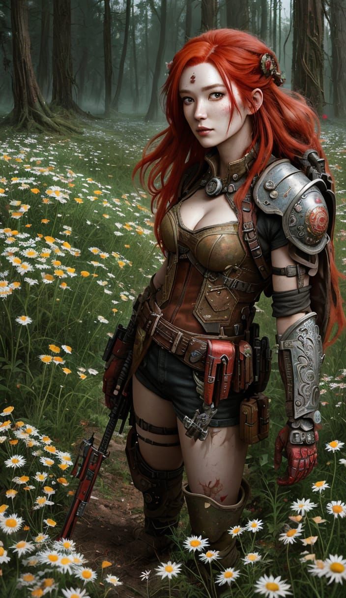 Post-Apocalyptic Warrior in a Whimsical Flower Garden