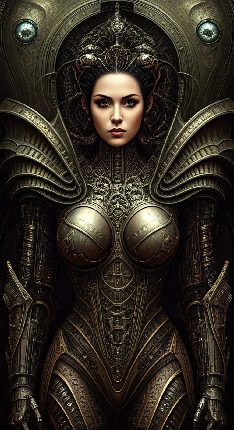 Gothic Armored Woman with Biomechanical Fractals
