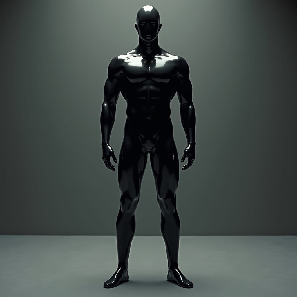 Confident Male Figure in Sleek Black Latex Bodysuit