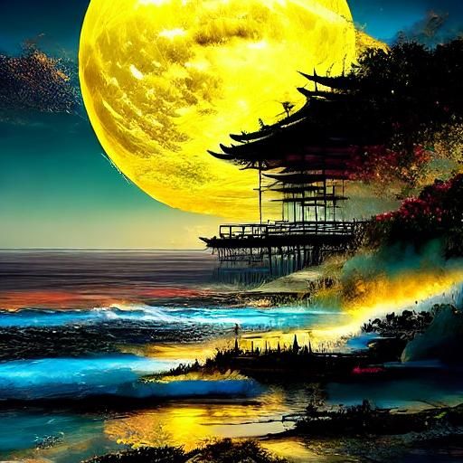 Pagoda and Geisha Silhouette with Moonlit Ocean
