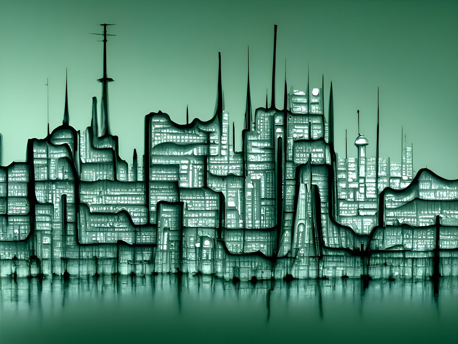 Sci-fi city skyline, appearing on an Oscilloscope