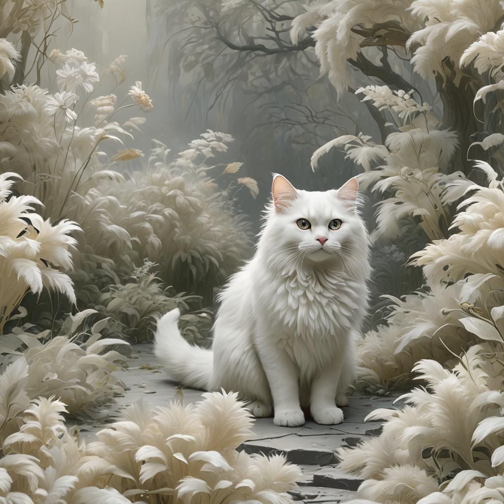 Fluffy White Cat in Foggy Gouache Style