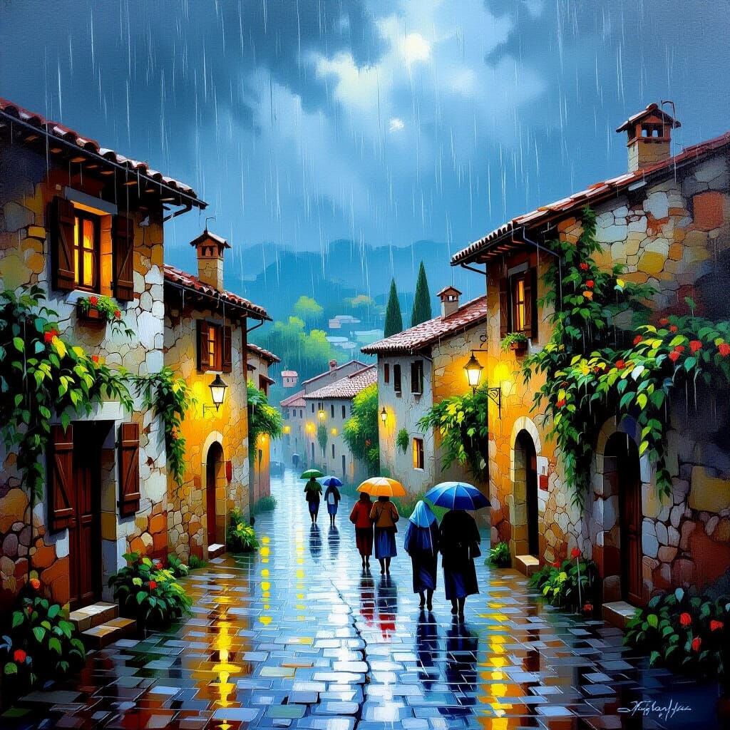 Italian Village in Rainstorm: Oil Painting