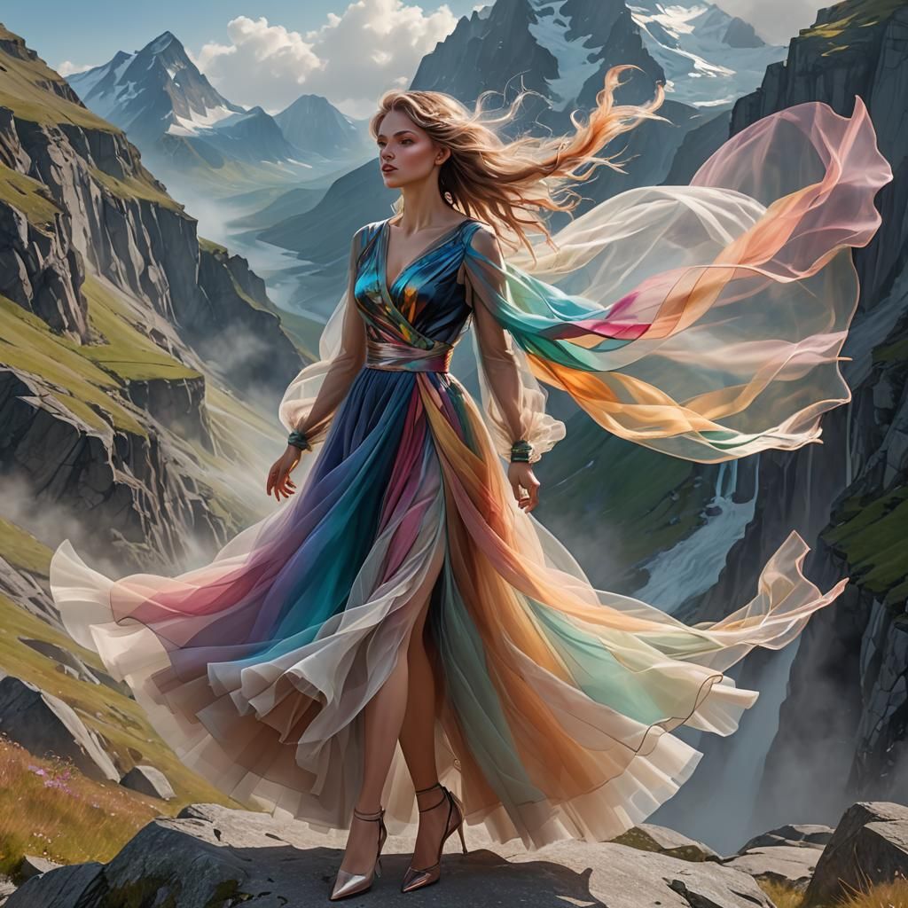 Woman in Tulle Outfit on Mountain, Hyperdetailed Art