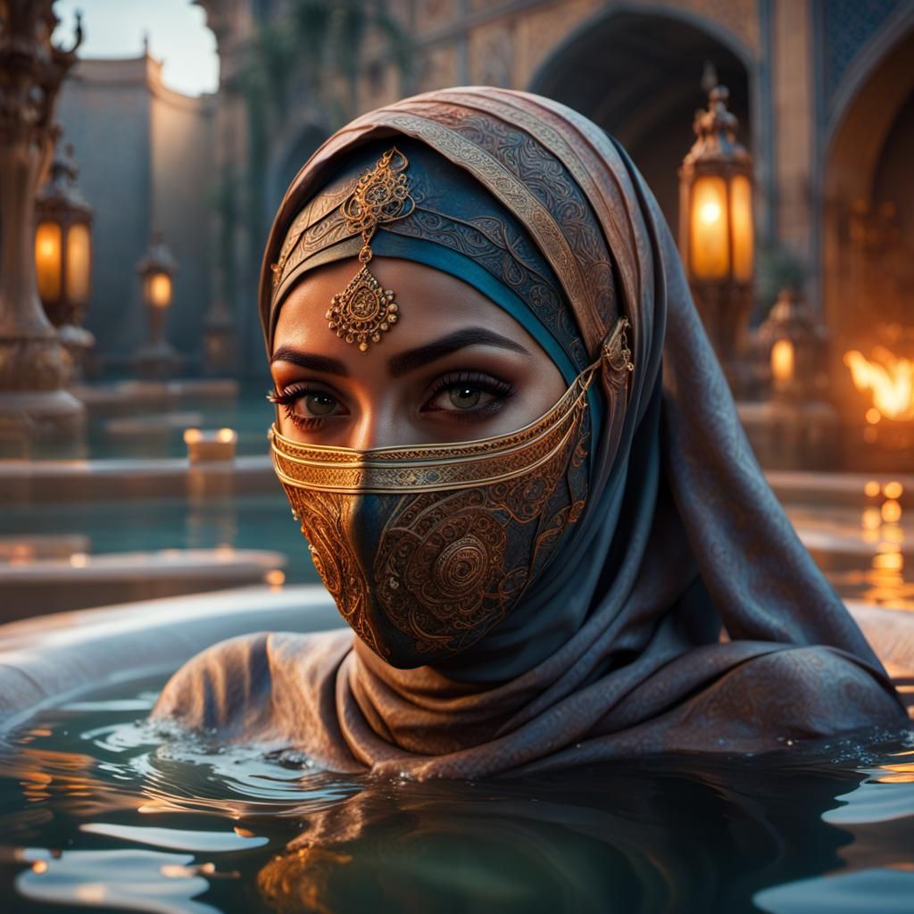 Woman in Hijab Taking a Bath: Hyperrealistic Photography