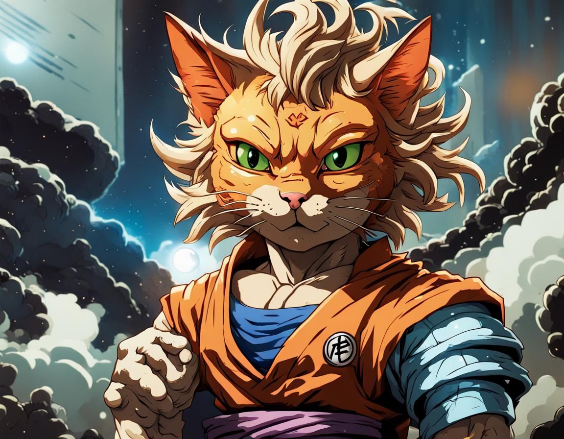 Subject: A manga-style cat character with Dragon Ball Z flai...