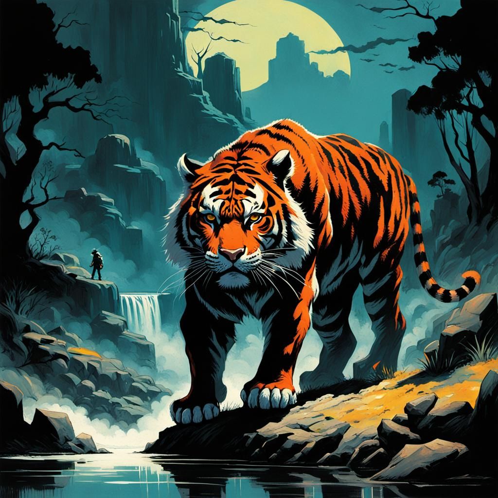 Tiger in Fantasy Landscape, Comic Noir Expressionism