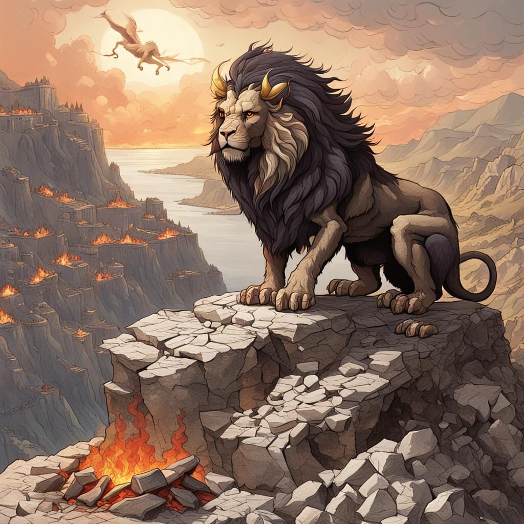 Greek Manticore on Fire-Swept Cliff