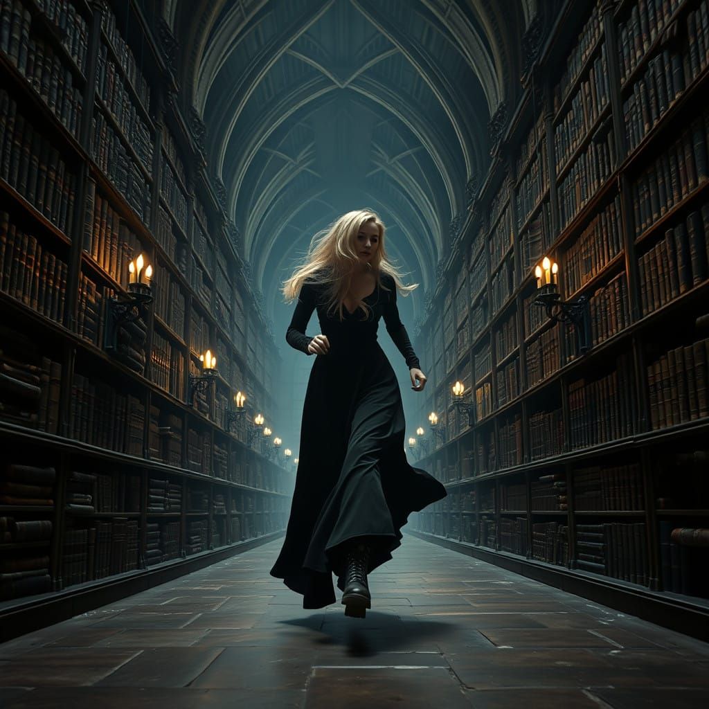 Ethereal Goth Woman in a Haunted Library