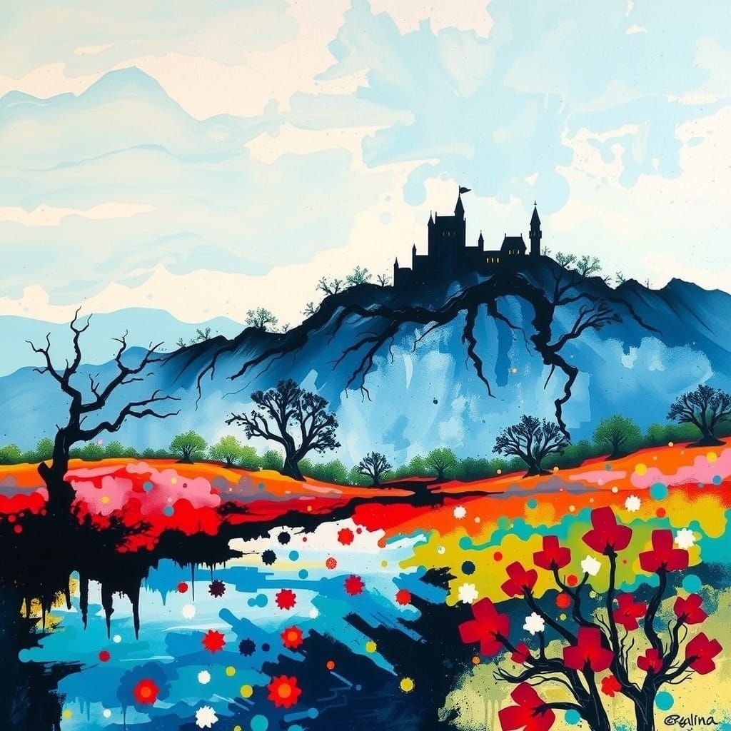 Abstract and Surreal Art: Using the ink splatter art technique, what appears to be a landscape is created, with a lake, ...